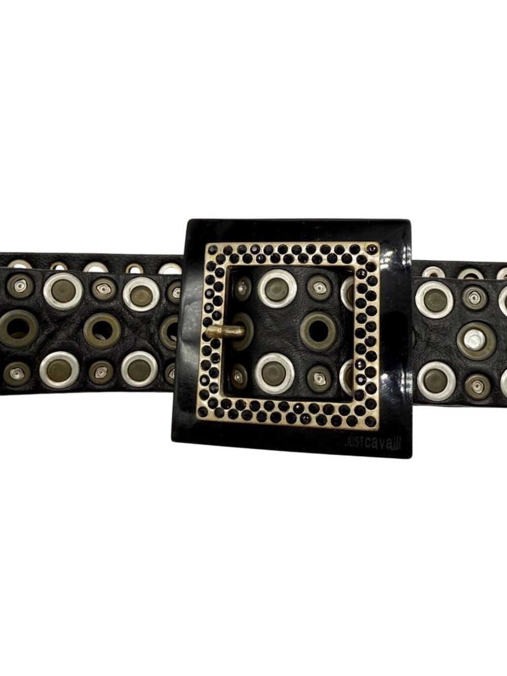 Just Cavalli black leather grommet belt crystal-embellished square buckle - S